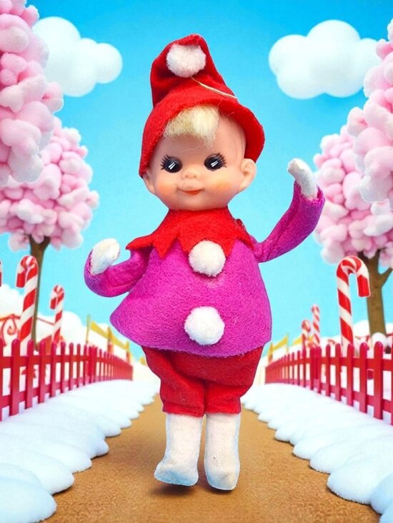 Vintage 1950s Pixie Elf Ornament Pink and Red Hat Pom-Poms Japan Felt Christmas - Picture 1 of 9